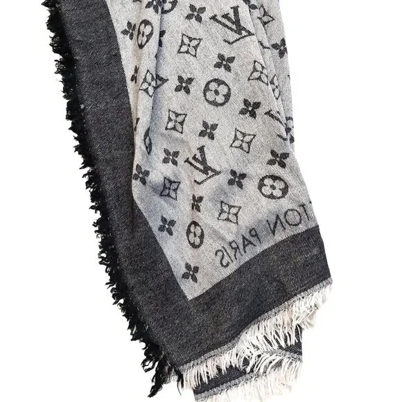 LOUIS VUITTON LV Vintage Light & Charcoal Gray Black Monogram Scarf Shawl Wrap - Picture 7 of 11
